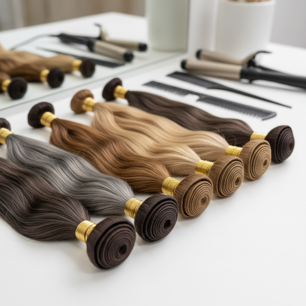 A close-up, photographic realistic composition of luxurious brunette and blonde hair extension strands displayed on a matte white surface in a Monterrey salon. The extensions vary in shades from cool ash to warm honey, each bundle silky, perfectly aligned, and secured with discreet gold bands. Soft studio lighting from the left creates a gentle sheen along the strands, emphasizing their smooth texture and natural movement, while the right side falls into a soft gradient shadow. In the blurred background, out-of-focus high-end salon tools and neutral-toned decor hint at a professional environment. Shot from a slightly elevated angle with shallow depth of field, the mood is refined, meticulous, and sophisticated, highlighting innovative extension techniques and premium quality.
