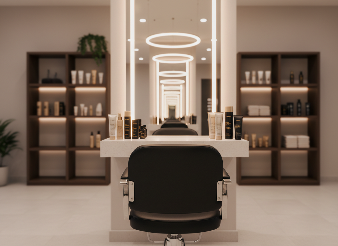 A luxurious hair styling station in a high-end Monterrey beauty salon, featuring a sleek black leather styling chair with chrome accents facing a wide frameless mirror. On the minimalist white quartz counter, an array of professional hair products for extensions, colorimetry, and smoothing treatments is carefully arranged, their premium packaging reflecting soft highlights. Warm, diffused ceiling lighting and a subtle LED strip behind the mirror cast a flattering glow across the glossy surfaces, creating gentle reflections. The background shows blurred shelves with neatly organized high-end products in neutral tones. Photographic realism, eye-level composition with shallow depth of field, modern and elegant mood, evoking a sense of trust, professionalism, and transformation without any human presence.